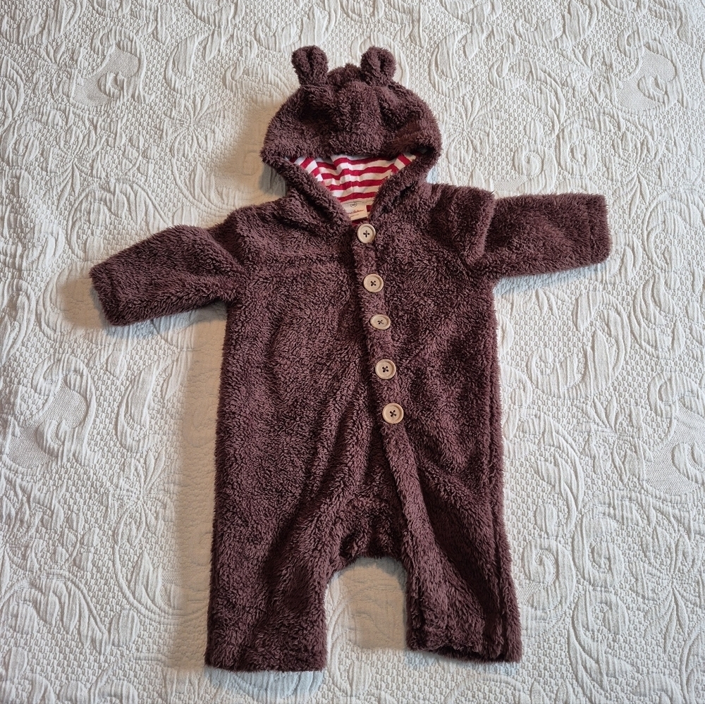 Hanna Andersson boys size 60 or 3-6 months brown fuzzy romper reversible VGUC